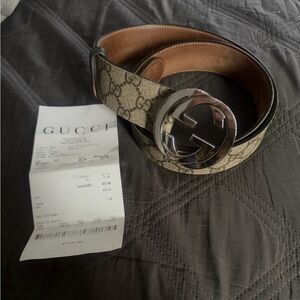 Gucci Beige and Brown Men's Belt with Silver Buckle 95/38 us 32-33